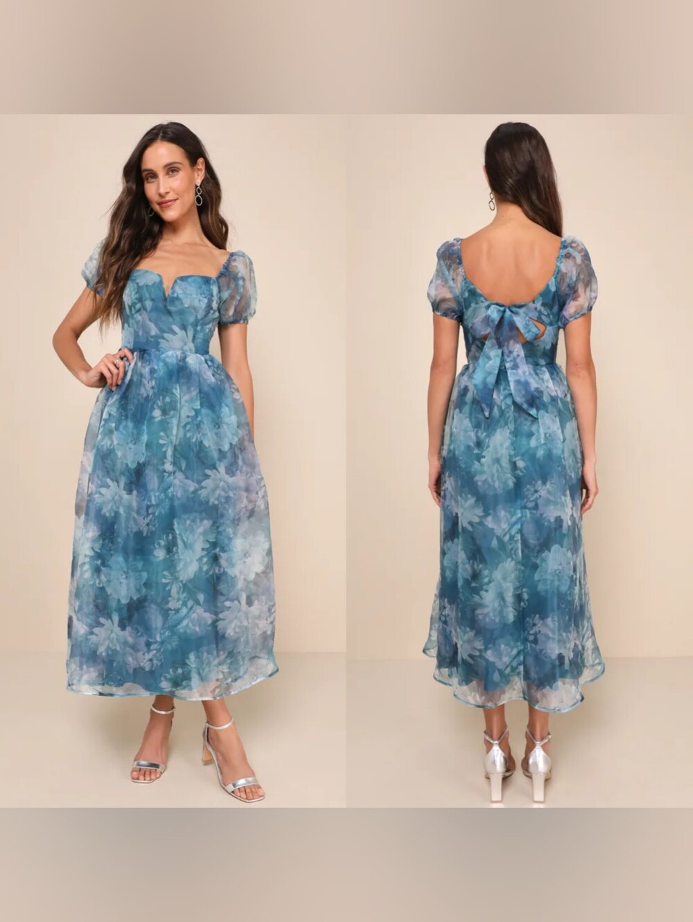 Lulus Lovely Statement Teal Blue Floral Organza Tie-Back Midi Dress XS Wedding